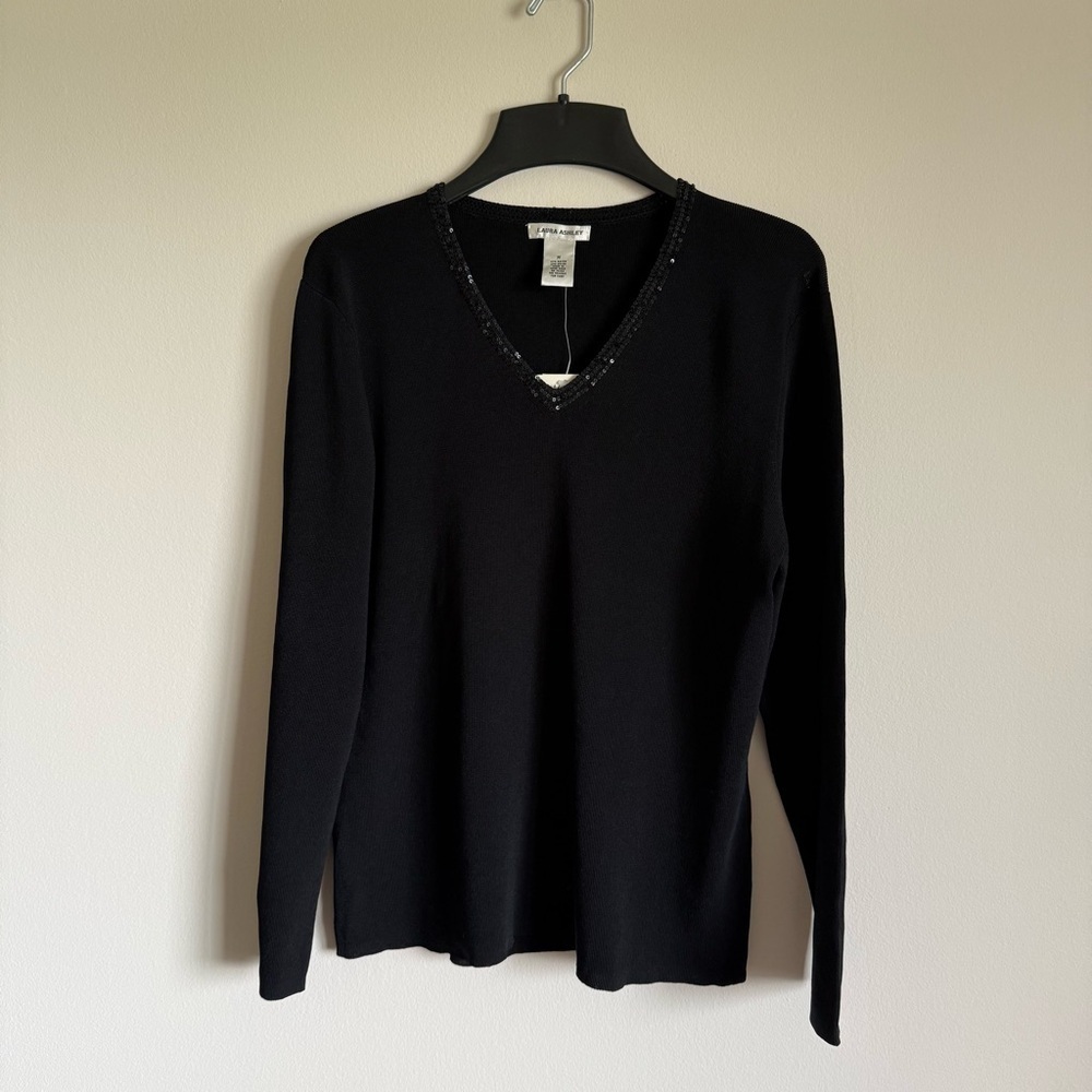 NWT Laura Ashley Black 3/4 Sleeve Beaded Neckline Trim Knit Top Blouse M